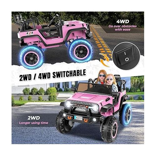  Hikole 24V Ride on Car for Kids,2 Seater Electric Truck with Remote Control, 4x100W Powerful Engine, 4WD/2WD Switchable, LED Headlight & Music Player, Battery Powered Ride on Toys for Boys Girls, Pink