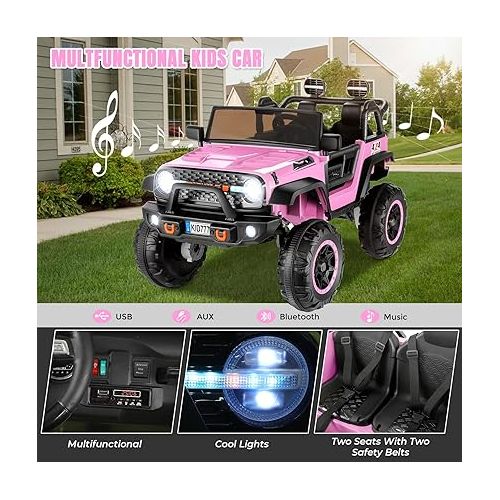  Hikole 24V Ride on Car for Kids,2 Seater Electric Truck with Remote Control, 4x100W Powerful Engine, 4WD/2WD Switchable, LED Headlight & Music Player, Battery Powered Ride on Toys for Boys Girls, Pink