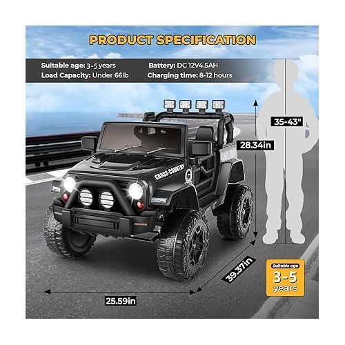  Hikole Battery Operated Car for Kids, 12V Kids Electric Car Ride on w/Remote, Music Player, Bluetooth, 3 Speeds, Suspension, Power Car Wheels, Ride on Truck Gift for Boys & Girls, Black