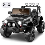 Hikole Kids Electric Car with Remote Control, 12V Battery Powered Electric Vehicles, Spring Suspension, Remote Control, 3 Speeds, LED Lights, Birthday Festival Gift for Kids Boys & Girls - Black
