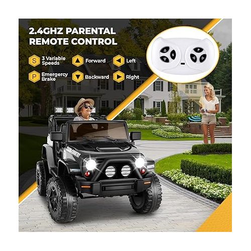  Hikole Kids Electric Car with Remote Control, 12V Battery Powered Electric Vehicles, Spring Suspension, Remote Control, 3 Speeds, LED Lights, Birthday Festival Gift for Kids Boys & Girls - Black