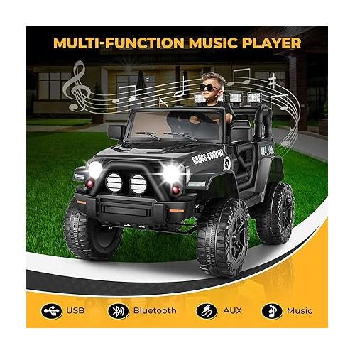  Hikole Kids Electric Car with Remote Control, 12V Battery Powered Electric Vehicles, Spring Suspension, Remote Control, 3 Speeds, LED Lights, Birthday Festival Gift for Kids Boys & Girls - Black