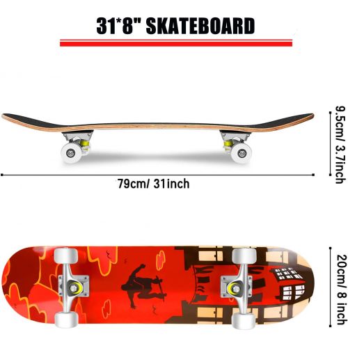  Hikole Skateboard - 31 x 8 Complete PRO Skateboard - Double Kick 7 Layer Canadian Maple Wood Adult Tricks Skate Board for Beginner, Birthday Gift for Kids Boys Girls 5 Up Years Old