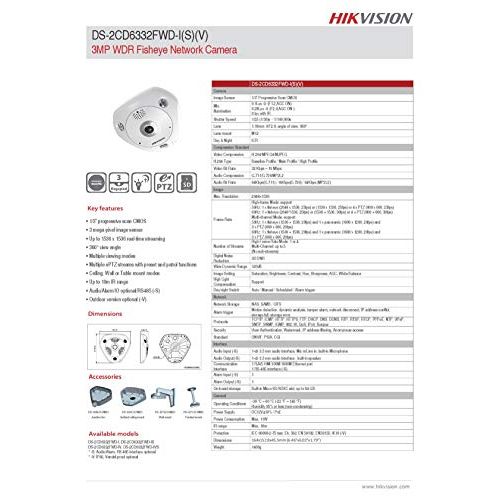 Hikvision DS-2CD6332FWD-IV Outdoor Panaramic Camera, 180360 Degree Angle, 3MP, True DayNight, Wide Dynamic Range, IR to 15M, POE12VDC