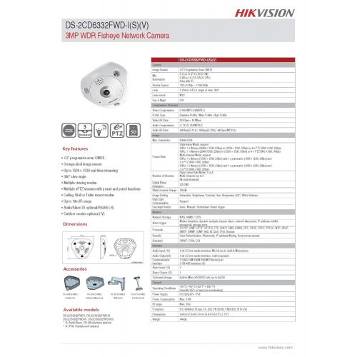  Hikvision DS-2CD6332FWD-IV Outdoor Panaramic Camera, 180360 Degree Angle, 3MP, True DayNight, Wide Dynamic Range, IR to 15M, POE12VDC