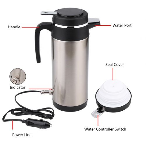 Hilitand Wasserkocher, 1.2L 12V 120W Edelstahl Elektrischer WasserkocherReise Thermos Heizung Wasserflasche fuer Kaffee Tee