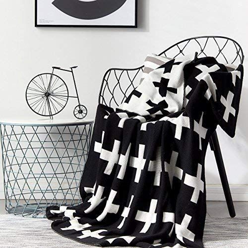  Hiltow HILTOW Reversible Black and White Cross Knitted Baby Blanket(45x36), Kids Blanket, Throw, Monochrome, Cotton