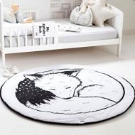 HILTOW Round Rugs Baby Rug Nursery Rugs Cute Fox Design Home Decoration Area Rugs Bedroom/Living Room Carpet Mat Baby Crawling Mats Kids Play Mat Machine Washable Rugs (Whilte,Diam