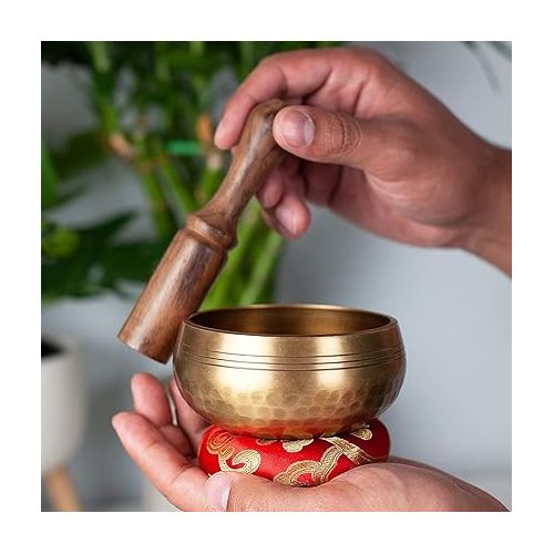  Tibetan Singing Bowl Set Bronze - Master Healing Grade - Pure Tone by Himalayan Bazaar (3.2 Inch, Gold)