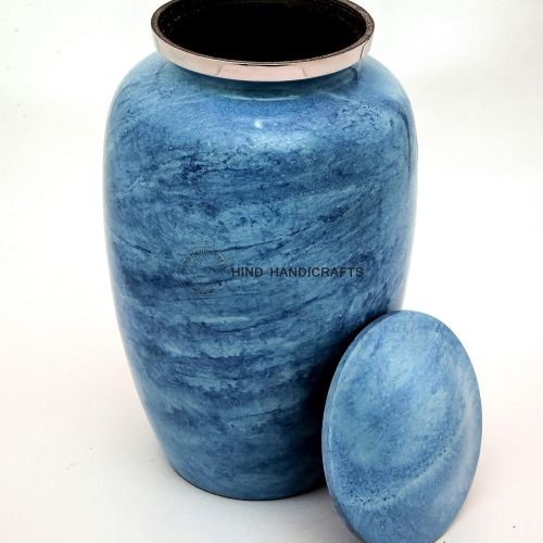  Hind Handicrafts Sky Blue Marble Finish Cremation Urn for Human Ashes - Adult Funeral Urn Handcrafted - Large Burial Urn for Human Ashes - Bag Included - 7.5 x 7.5 x 9.5- 200lbs or