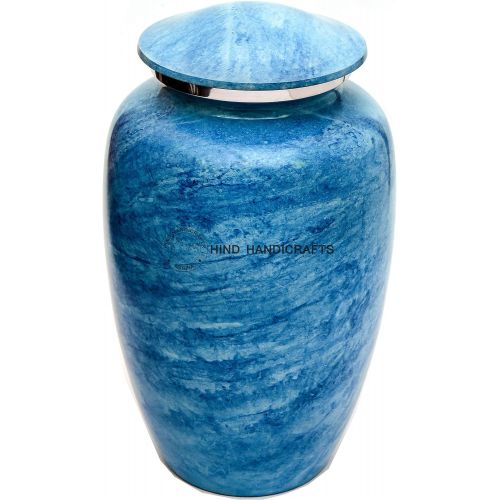  Hind Handicrafts Sky Blue Marble Finish Cremation Urn for Human Ashes - Adult Funeral Urn Handcrafted - Large Burial Urn for Human Ashes - Bag Included - 7.5 x 7.5 x 9.5- 200lbs or