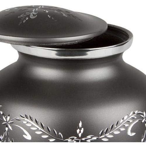  Hind Handicrafts Matte Black with Silver Engraved Cremation Urn for Human Ashes Adult Funeral Urn Handcrafted - Large Burial Urn for Human Ashes (7.5 x 7.5 x 9.5- 200lbs or 91kg) (