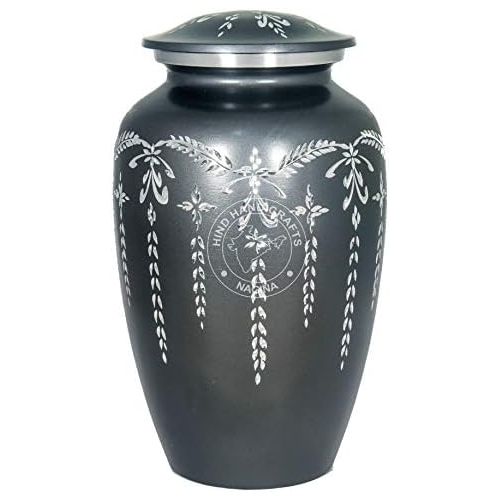  Hind Handicrafts Matte Black with Silver Engraved Cremation Urn for Human Ashes Adult Funeral Urn Handcrafted - Large Burial Urn for Human Ashes (7.5 x 7.5 x 9.5- 200lbs or 91kg) (