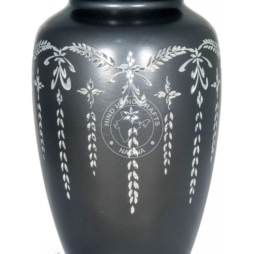  Hind Handicrafts Matte Black with Silver Engraved Cremation Urn for Human Ashes Adult Funeral Urn Handcrafted - Large Burial Urn for Human Ashes (7.5 x 7.5 x 9.5- 200lbs or 91kg) (