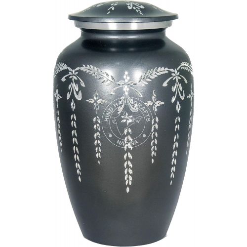  Hind Handicrafts Matte Black with Silver Engraved Cremation Urn for Human Ashes Adult Funeral Urn Handcrafted - Large Burial Urn for Human Ashes (7.5 x 7.5 x 9.5- 200lbs or 91kg) (