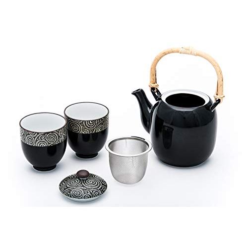  Hinomaru Collection Authentic Japanese Minoware Pottery Tea Pot with Stainless Steel Strainer and 2 Tea Cups Gift Tea Set Made In Japan (Black Kara kusa)