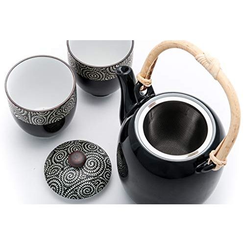  Hinomaru Collection Authentic Japanese Minoware Pottery Tea Pot with Stainless Steel Strainer and 2 Tea Cups Gift Tea Set Made In Japan (Black Kara kusa)