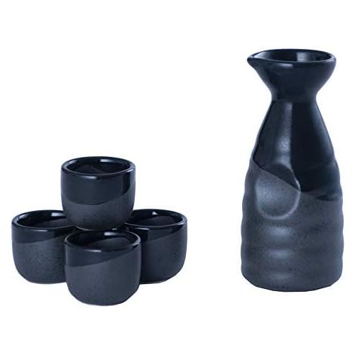  [아마존베스트]Hinomaru Collection Reactive Glaze Sake Set Tokkuri 10 fl oz Bottle with Four Sake Ochoko Cups 2 fl oz (Black)