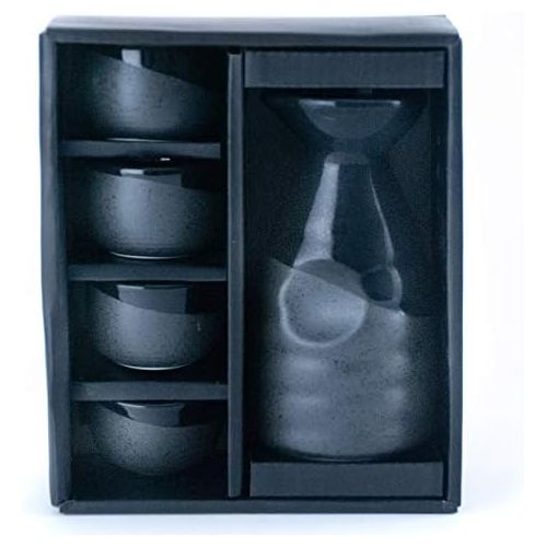  [아마존베스트]Hinomaru Collection Reactive Glaze Sake Set Tokkuri 10 fl oz Bottle with Four Sake Ochoko Cups 2 fl oz (Black)