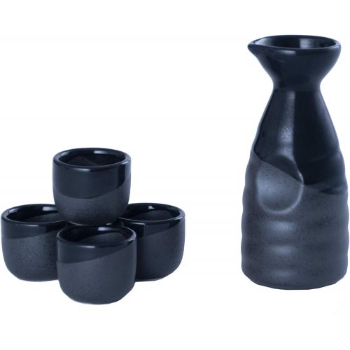  [아마존베스트]Hinomaru Collection Reactive Glaze Sake Set Tokkuri 10 fl oz Bottle with Four Sake Ochoko Cups 2 fl oz (Black)