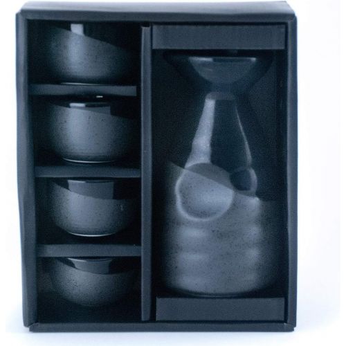  [아마존베스트]Hinomaru Collection Reactive Glaze Sake Set Tokkuri 10 fl oz Bottle with Four Sake Ochoko Cups 2 fl oz (Black)