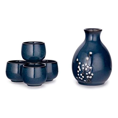  [아마존베스트]Hinomaru Collection Japanese Porcelain Sake Set Tokkuri Bottle 9.5 fl oz with Four Sake Ochoko Cups 2 fl oz Sake Set (Blue Sakura)