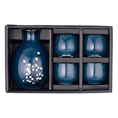  [아마존베스트]Hinomaru Collection Japanese Porcelain Sake Set Tokkuri Bottle 9.5 fl oz with Four Sake Ochoko Cups 2 fl oz Sake Set (Blue Sakura)