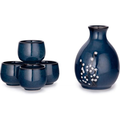  [아마존베스트]Hinomaru Collection Japanese Porcelain Sake Set Tokkuri Bottle 9.5 fl oz with Four Sake Ochoko Cups 2 fl oz Sake Set (Blue Sakura)