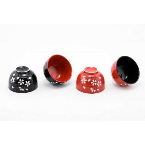  [아마존베스트]Hinomaru Collection Japanese Traditional Ceramic Rice Bowl Set of 4 Red and Black Cherry Blossom Sakura Decorative Gift Pack Multi Purpose Attractive Design