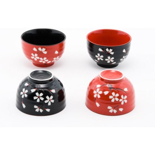  [아마존베스트]Hinomaru Collection Japanese Traditional Ceramic Rice Bowl Set of 4 Red and Black Cherry Blossom Sakura Decorative Gift Pack Multi Purpose Attractive Design