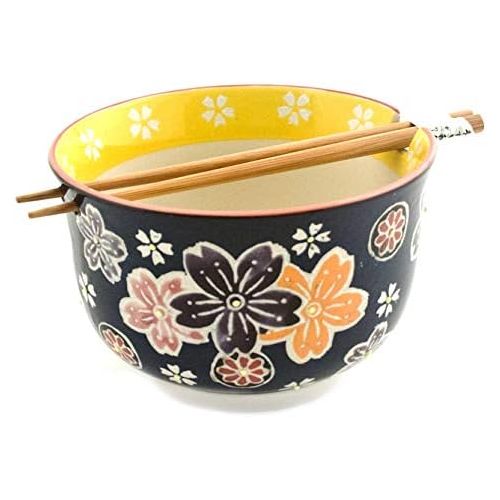  [아마존베스트]Hinomaru Collection Multi Purpose Ramen Udon Soba Pho Noodle Donburi Rice Tayo Bowl with Chopsticks Gift Set 6.25 Inch Diameter (Batik Floral)
