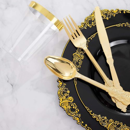  Hioasis 175PCS Black Plastic Plates with Gold rim&Gold Silverware For Weddings&Parties,Holiday events Served for 25Guests-Component by 25Dinner Pates 25Dessert Plates 75Cutlery 25C