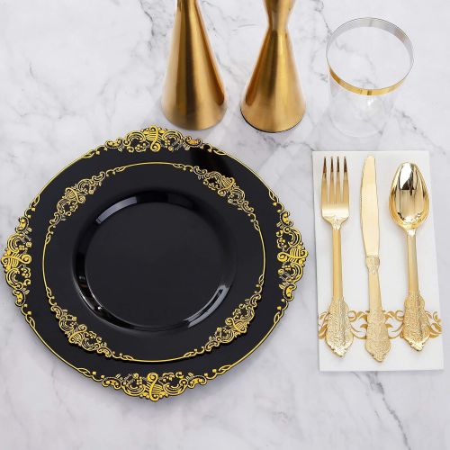  Hioasis 175PCS Black Plastic Plates with Gold rim&Gold Silverware For Weddings&Parties,Holiday events Served for 25Guests-Component by 25Dinner Pates 25Dessert Plates 75Cutlery 25C