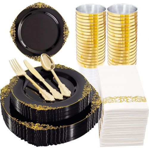  Hioasis 175PCS Black Plastic Plates with Gold rim&Gold Silverware For Weddings&Parties,Holiday events Served for 25Guests-Component by 25Dinner Pates 25Dessert Plates 75Cutlery 25C