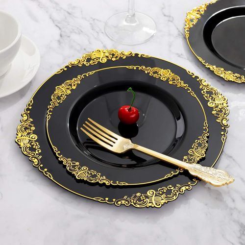  Hioasis 175PCS Black Plastic Plates with Gold rim&Gold Silverware For Weddings&Parties,Holiday events Served for 25Guests-Component by 25Dinner Pates 25Dessert Plates 75Cutlery 25C