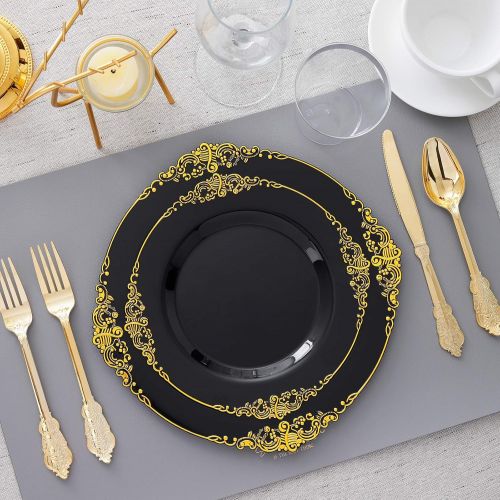  Hioasis 175PCS Black Plastic Plates with Gold rim&Gold Silverware For Weddings&Parties,Holiday events Served for 25Guests-Component by 25Dinner Pates 25Dessert Plates 75Cutlery 25C