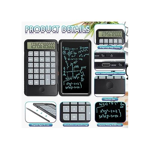  Hion Calculator,12-Digit Large Display Office Desk Calcultors with Erasable Writing Table,Rechargeable Hand held Multi-Function Mute Pocket Desktop Calculator for Basic Financial Home School,Black