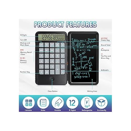  Hion Calculators,12-Digit Large Display Rechargeable Pocket Office Desktop Calculator with Erasable Wiriting Tablet,Mute Basic Desk Calculators with Doodle Pad for Student Home School,Black