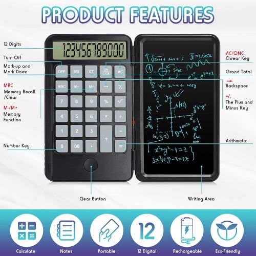  Hion Calculator,12-Digit Large Display Office Desk Calcultors with Erasable Writing Table,Rechargeable Hand held Multi-Function Mute Pocket Desktop Calculator for Basic Financial H