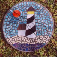 /HippMosaics Steppiong Stone - Lighthouse By the Sea - Handmade Stained Glass and Concrete - 14 Round