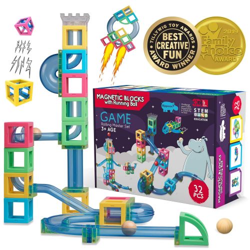  Hippococo Magnetic 3D Building Blocks with Marble Run Game: New Innovative STEM Educational Toy for Boys/Girls, Durable, Sturdy & Safe Construction Set, Promote Kids Creativity & I