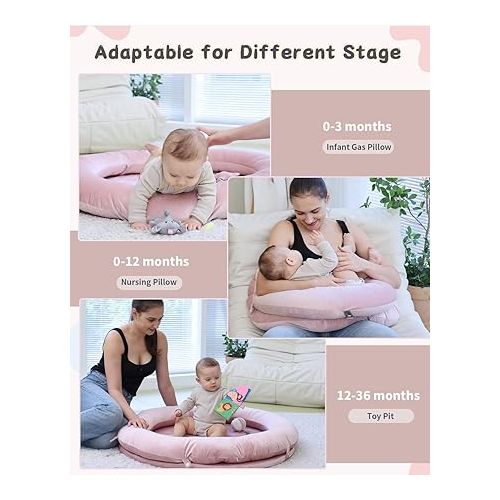  Baby Play Gym Mat for 0-36 Months, 5 in 1 Tummy Time Mat for Floor, Baby Activity Mat with 5 Linkable Toys, Ideal Gift for Newborn Infant Baby Essentials Gift (Pink)