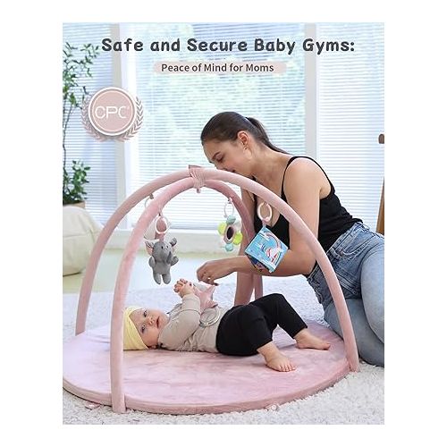  Baby Play Gym Mat for 0-36 Months, 5 in 1 Tummy Time Mat for Floor, Baby Activity Mat with 5 Linkable Toys, Ideal Gift for Newborn Infant Baby Essentials Gift (Pink)