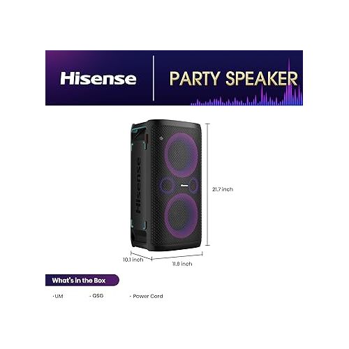 하이센스 Hisense Ultimate Wireless Outdoor/Indoor Party Speaker with subwoofer, 2.0CH, 300W, IPX4 Waterproof,15 Hour Long-Lasting Battery, Bluetooth5.0, DJ and Karaoke Mode (HP100)