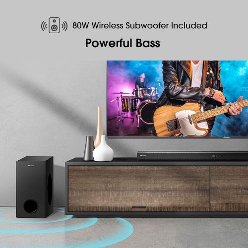 하이센스 Hisense HS218 2.1ch Sound Bar with Wireless Subwoofer, 200W, Powered by Dolby Audio, Roku TV ready, Bluetooth, HDMI ARC/Optical/AUX/USB, 3 EQ Modes