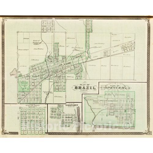  Historic Pictoric Historic Map : 1876 Plan of Brazil, Clay Co. (with) Bowling Green, Gosport, Spencer. - Vintage Wall Art - 55in x 44in