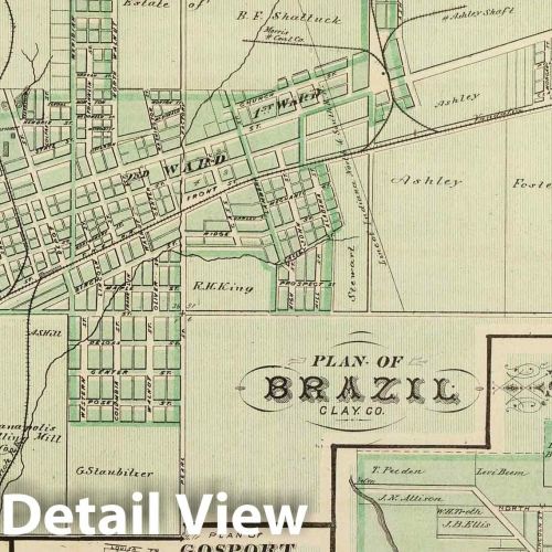  Historic Pictoric Historic Map : 1876 Plan of Brazil, Clay Co. (with) Bowling Green, Gosport, Spencer. - Vintage Wall Art - 55in x 44in