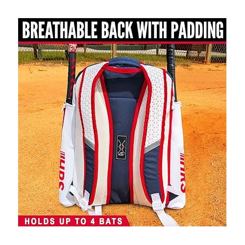  Hit Run Steal Baseball Bag, Softball Bat Bag for Youth & Adult. Holds 4 Bats, Glove, Water Bottle, Shoe Compartment, Helmet, Fence Hook for Equipment & Gear