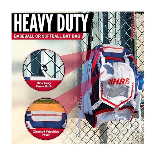  Hit Run Steal Baseball Bag, Softball Bat Bag for Youth & Adult. Holds 4 Bats, Glove, Water Bottle, Shoe Compartment, Helmet, Fence Hook for Equipment & Gear