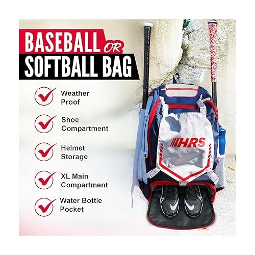  Hit Run Steal Baseball Bag, Softball Bat Bag for Youth & Adult. Holds 4 Bats, Glove, Water Bottle, Shoe Compartment, Helmet, Fence Hook for Equipment & Gear